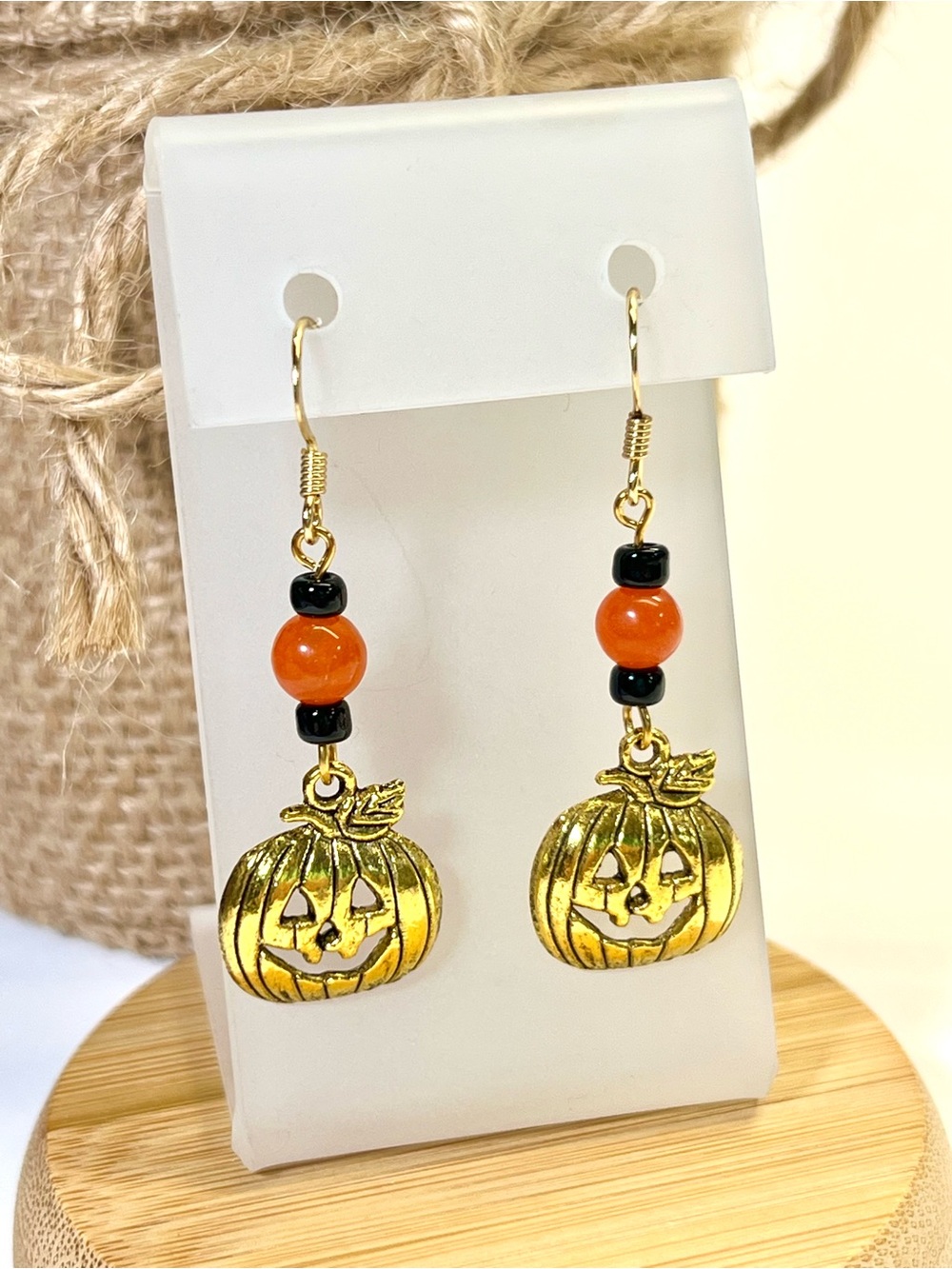 Gold Metal Pumpkin Halloween Drop Earrings with Orange & Black Beads-NEW
